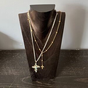 2 Gold and Silver Cross Pendant Necklaces Set